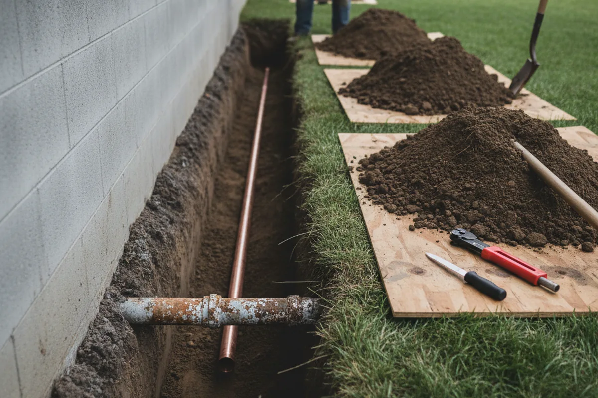 Excavated water line trench during Water Heater Repair in East Nassau